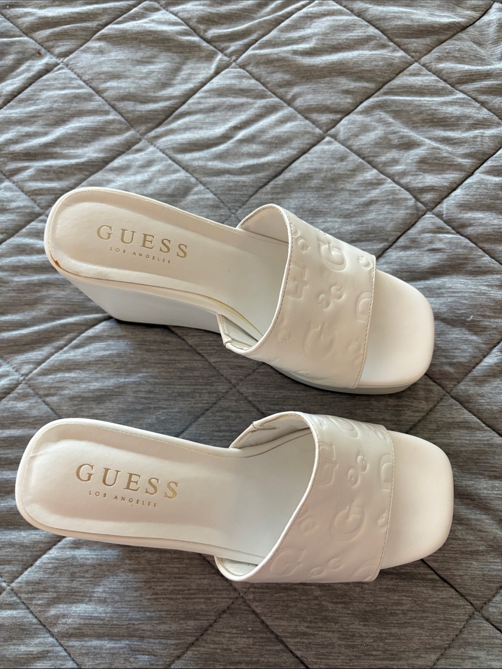 GUESS White Embossed Slide Wedge Mules